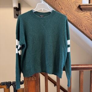 NWT Minnie Rose 100% Cashmere Green/White Varsity Crew Sweater Size M